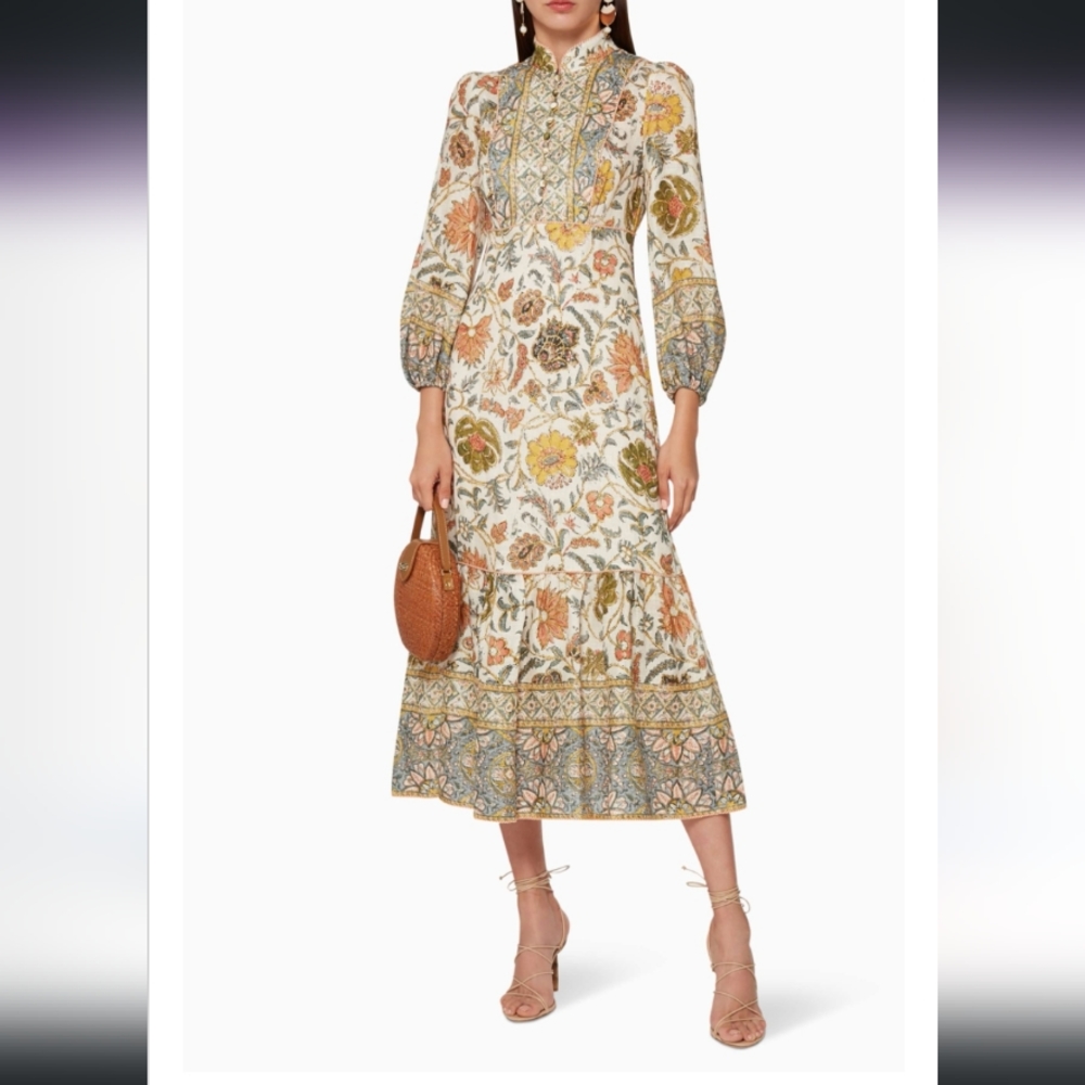 Zimmermann Edie High Neck Balloon Sleeve Floral Print Linen Maxi Dress Sz 3